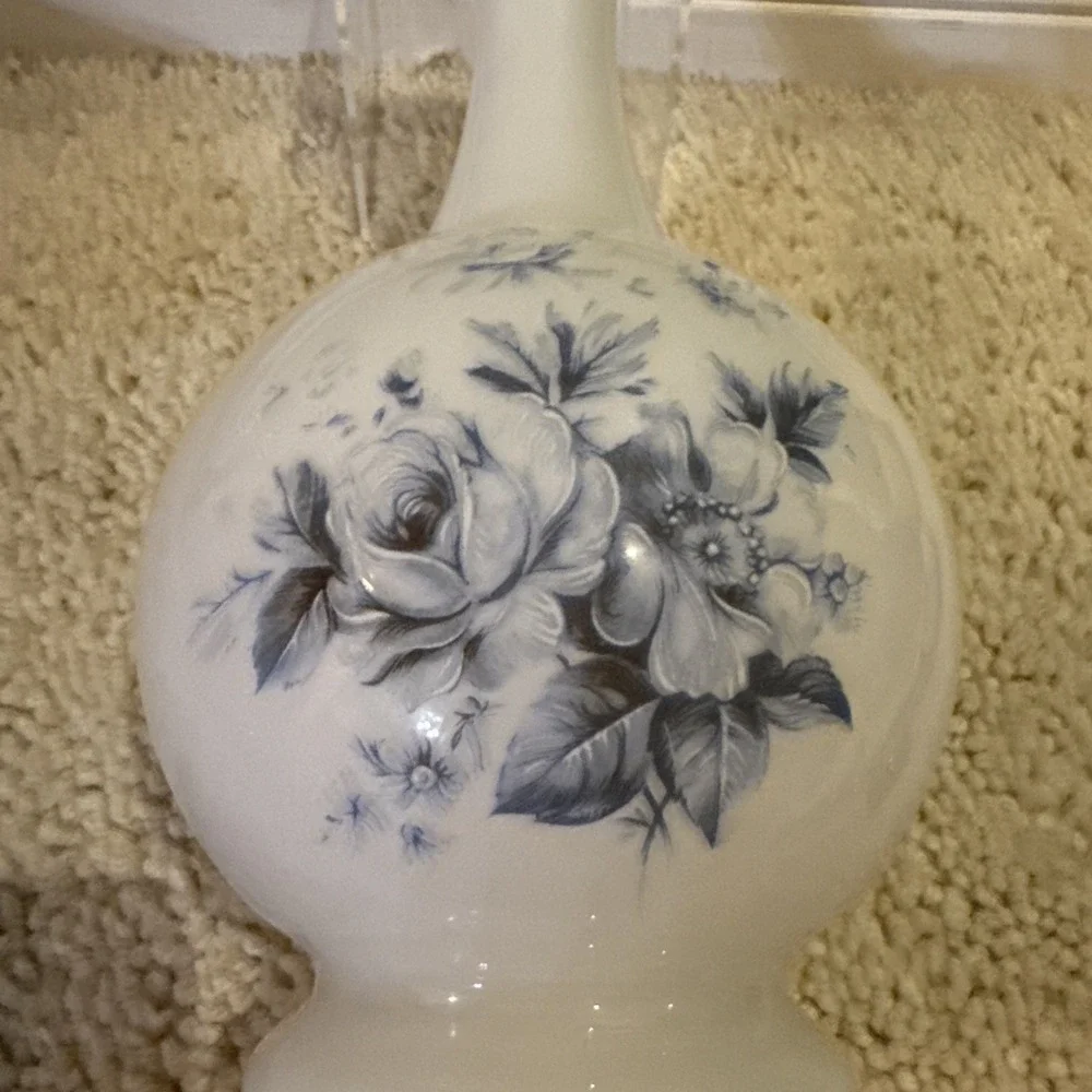 Vintage Art Glass Vase White Hand Painted Blue Flowers